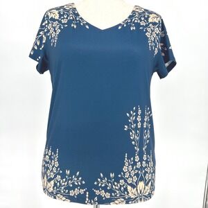 Womens V-Neck Top Large Teal Blue Floral Border Cottagecore Botanical Soft Girl